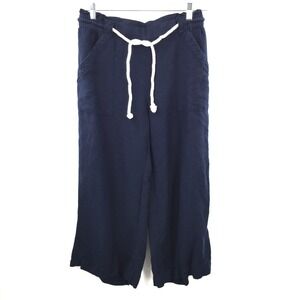 Loft Navy Blue nautical coastal grandma wide leg Rope belt Linen pants cropped M